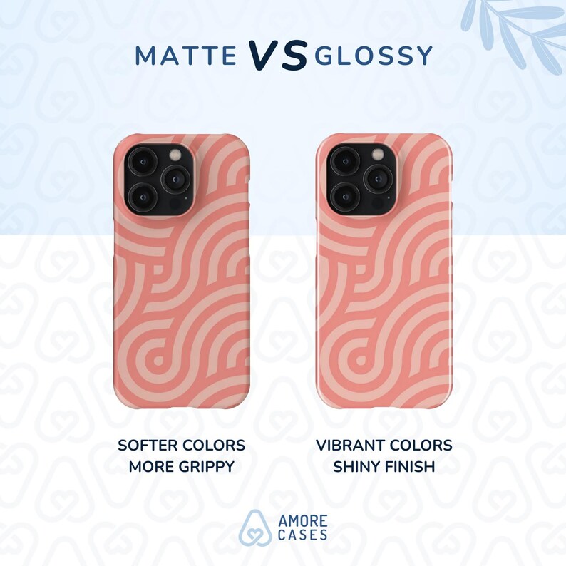 Może przedstawiać: Dwa etui na telefon z geometrycznym wzorem w kolorze r&oacute;żowym i białym. Etui po lewej stronie jest matowe i ma bardziej stonowane kolory. Etui po prawej stronie jest błyszczące i ma żywe kolory. Tekst "MATTE VS GLOSSY" znajduje się w g&oacute;rnej części obrazu. Tekst "SOFTER COLORS MORE GRIPPY" znajduje się pod etui po lewej stronie. Tekst "VIBRANT COLORS SHINY FINISH" znajduje się pod etui po prawej stronie. Tekst "AMORE CASES" znajduje się w dolnej części obrazu.