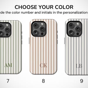 May include: Three phone cases with vertical striped patterns in green, tan, and gray. Each case has a different set of initials: AM, CK, and LB. The text above reads "CHOOSE YOUR COLOR" and "Include the color number and initials in the personalization box."