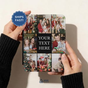 May include: A square photo collage case featuring eight individual family photographs arranged in a grid, with a central black square containing the white text YOUR TEXT HERE. The case displays various indoor scenes including holiday decorations.