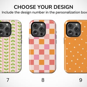 May include: Three phone cases with different designs. The first case has a light pink background with green leaf patterns. The second case has a pink and orange checkerboard pattern. The third case is orange with white stars. Text at the top says "CHOOSE YOUR DESIGN".