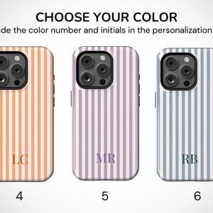 May include: Three phone cases with vertical striped patterns in orange, lavender, and blue. Each case displays initials and a color number: LC (4), MR (5), and RB (6). The text "CHOOSE YOUR COLOR" and instructions are at the top.