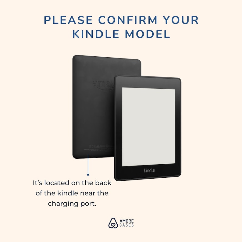 Może przedstawiać: Obraz dw&oacute;ch czarnych czytnik&oacute;w Kindle, jeden pokazujący tył, a drugi prz&oacute;d. Tekst "PLEASE CONFIRM YOUR KINDLE MODEL" znajduje się na g&oacute;rze. Poniżej tekst wskazuje, gdzie znaleźć numer modelu. Logo Amore Cases znajduje się na dole.