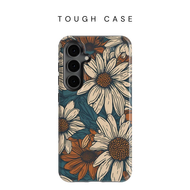 May include: A tough phone case with a floral design featuring white and orange daisies on a teal background. The case has a cutout for the camera lens.