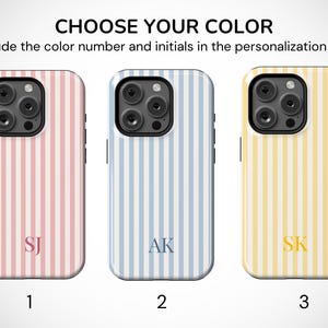 May include: Three phone cases with vertical striped patterns in pink, blue, and yellow. Each case has a different set of initials. The text at the top says "CHOOSE YOUR COLOR" and instructs the viewer to include the color number and initials in the personalization box.