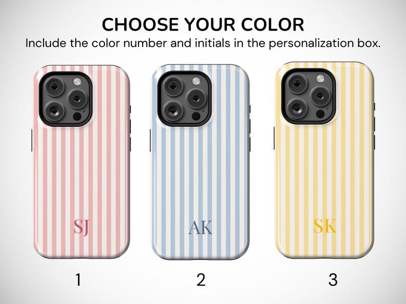 May include: Three phone cases with vertical striped patterns in pink, blue, and yellow. Each case has a different set of initials. The text at the top says "CHOOSE YOUR COLOR" and instructs the viewer to include the color number and initials in the personalization box.