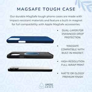 May include: Three phone cases with a built-in magnet for MagSafe compatibility. The cases are blue, black, and black with a clear back. The text on the image reads "MAGSAFE TOUGH CASE" and "DUAL-LAYER FOR ENHANCED DROP PROTECTION."
