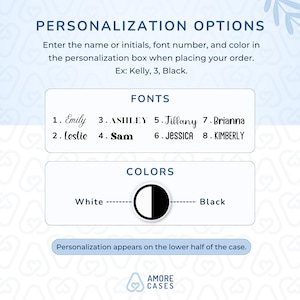 May include: A graphic showing personalisation options for phone cases. The options include eight different fonts, two colours, white and black, and a note that personalisation appears on the lower half of the case.