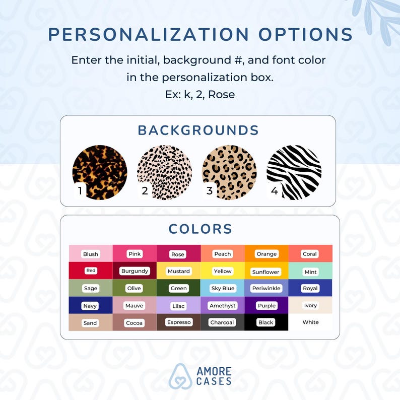 May include: Image detailing product personalisation choices. Features background patterns: tortoiseshell, dalmatian, leopard, and zebra. A colour chart displays options such as red, blue, green, and black. Text reads: "PERSONALISATION OPTIONS".