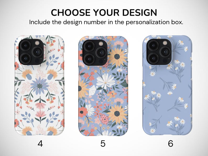 May include: Three iPhone cases with different floral designs. The first case has a white background with a colorful floral pattern. The second case has a light blue background with a colorful floral pattern. The third case has a light blue background with a white daisy pattern. The cases are numbered 4, 5, and 6.