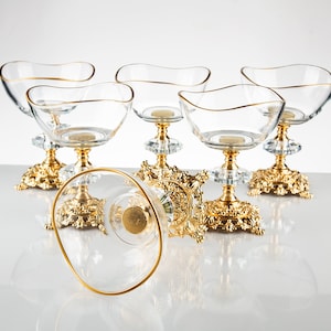Glass Dessert Snack Bowl Set with Ornate Metal Base - Wavy Design - 6 Piece