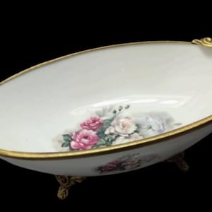 Antique Oval Porcelain Bowl with Brass Accents and Floral Design