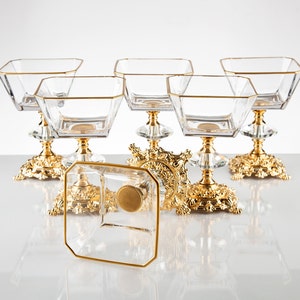 Glass Dessert Snack Bowl Set with Ornate Metal Base - Hexagonal Design - 6 Piece