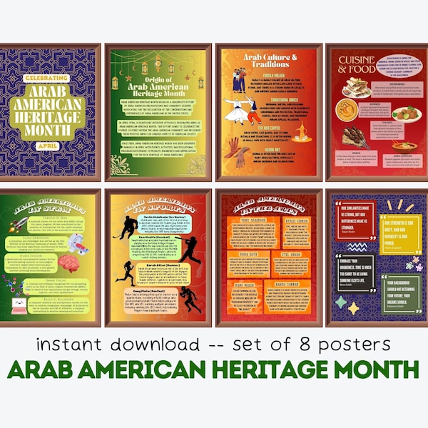 Arab American Heritage Month (Set of 8) Printable Posters, NAAHM Educational Posters, Bulletin Board Display, Learning Environment Wall Art