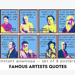 Artistas famosos (conjunto de 8) imprimíveis, decoração de sala de aula de arte, pôsteres de sala de aula de arte, quadro de avisos com citações motivacionais, presente para professor de arte