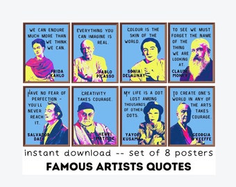 Famous Artists (set of 8) Printables, Art Classroom Decor, Art Classroom Posters, Motivational Quotes Bulletin Board, Art Teacher Gift