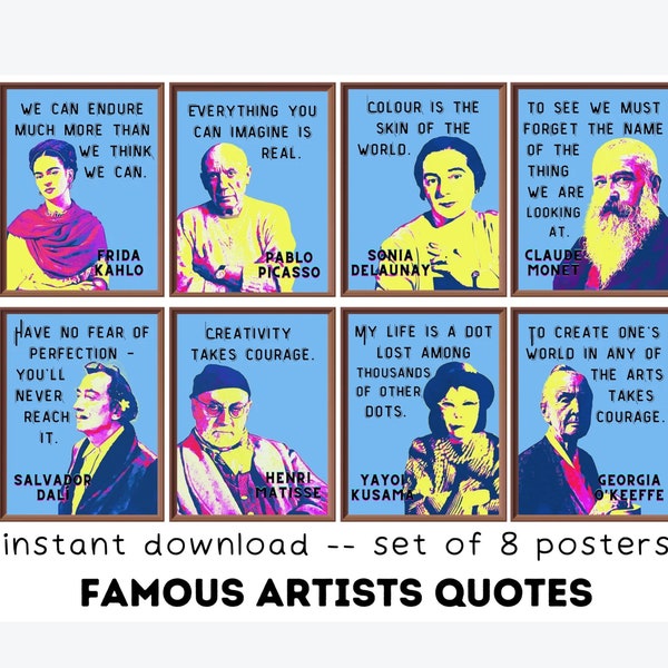 Famous Artists (set of 8) Printables, Art Classroom Decor, Art Classroom Posters, Motivational Quotes Bulletin Board, Art Teacher Gift