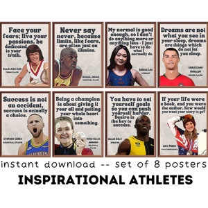 Pósteres imprimibles de deportistas inspiradores retro (juego de 8), citas motivacionales, decoración del aula, tablón de anuncios, citas de deportistas famosos