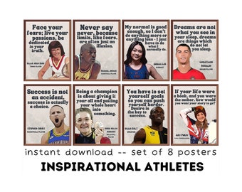 May include: Set of eight inspirational posters featuring famous athletes with motivational quotes. The posters are in a cartoon style with a wood frame.