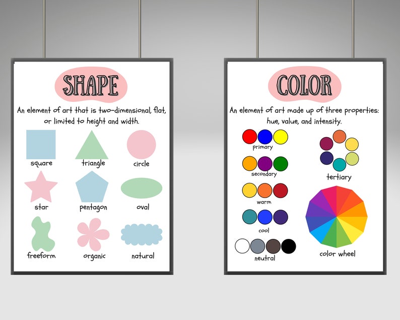 May include: Two educational posters, one titled "SHAPE" and the other titled "COLOR". The "SHAPE" poster shows different geometric shapes with their names, including square, triangle, circle, star, pentagon, oval, freeform, organic, and natural. The "COLOR" poster shows a color wheel with primary, secondary, and tertiary colors, as well as warm, cool, and neutral colors.