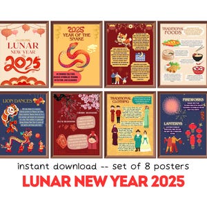 Pósteres imprimibles del Año Nuevo Lunar (juego de 8), decoraciones del Año Nuevo chino 2025, decoración del Festival de Primavera, juego de pósteres del Año de la Serpiente 2025