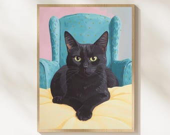 Chat noir en téléchargement numérique - impression d'art fantaisiste pour animaux de compagnie, cadeau pour les amoureux des chats, oeuvre d'art de chat noir imprimable, portrait contemporain d'animal de compagnie