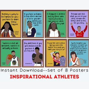 Inspirujący sportowcy (zestaw 8) Plakaty do druku, motywujące cytaty, wystrój klasy, wystrój pokoju dziecięcego, cytaty sławnych sportowców, klasa WF