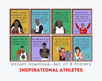 May include: Set of eight inspirational posters featuring athletes from different sports. Each poster features a colorful illustration of an athlete and a motivational quote. The posters are designed in a modern style with a white background and black borders.