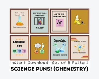 Chemistry Puns (set of 8) Printables, Science Jokes, Funny Science Posters, Educational Posters, Middle school, High School, Science Gift