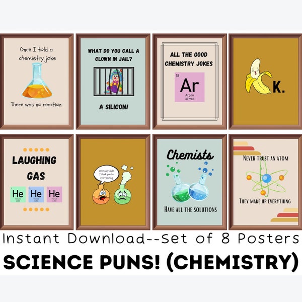 Chemistry Puns (set of 8) Printables, Science Jokes, Funny Science Posters, Educational Posters, Middle school, High School, Science Gift