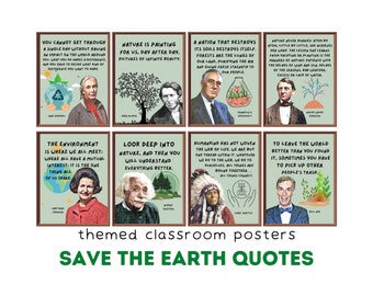 Puede incluir: Un conjunto de 8 carteles coloridos con citas inspiradoras sobre la naturaleza y el medio ambiente. Cada cartel presenta una cita diferente y un retrato de una persona famosa. Los carteles son perfectos para un aula o una oficina en casa.