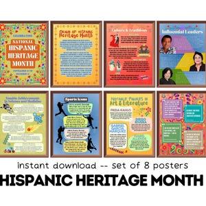Hispanic Heritage Month (8er-Set) druckbare Poster, Lateinisches Kulturerbe-Monat Bulletin Board, Lernposter für Klassenzimmerdekor