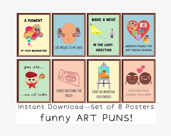 Peut inclure: Ensemble de huit affiches imprimables avec des jeux de mots amusants sur l'art. Chaque affiche présente une illustration colorée et une phrase amusante. Les affiches sont parfaites pour ajouter une touche d'humour à tout studio d'art ou salle de classe.