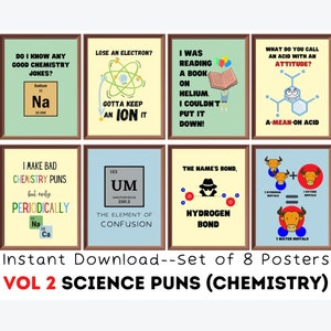 VOL 2 Wissenschaft Wortspiele (8er Set) Printables, Chemie Witze, Lustige Wissenschaft Poster, Lernposter für die Mittelschule, das Abitur