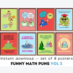 Math Puns Posters (set of 8) Printables VOL3, Math Classroom Decor, Middle School High School, Educational Posters, Bulletin Board Display,