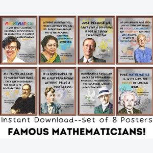 Famous Mathematicians Posters (Set of 8) Printable, Math Classroom Decor, Motivational Quotes, Math Printable Wall Art, Math Teacher Gift