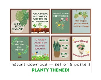 Pósteres imprimibles de Planty (juego de 8), decoración para el aula con temática de plantas, tema de jardín de invernadero, citas sobre mentalidad de crecimiento, afirmaciones positivas