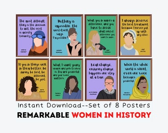 May include: A set of eight colourful posters featuring portraits of notable women throughout history, each with an inspirational quote. The posters are framed in brown wood and have a white background. The quotes include: "The most difficult thing is the decision to act. The rest is merely tenacity." - Amelia Earhart, "Nothing is impossible, the word itself says 'I'm possible!" - Audrey Hepburn, "What you do makes a difference, and you have to decide what kind of difference you want to make." - Jane Goodall, "I always deserve the best treatment because I never put up with any other." - Jane Austen, "If you do things well, do them better. Be daring, be first, be different, be just." -  Anita Roddick, "What I want young women and girls to know is: You are powerful and your voice matters." - Kamala Harris, "Real change, enduring change, happens one step at a time." - Ruth Bader Ginsburg, "When the whole world is silent, even one voice becomes powerful." - Malala Yousafzai.