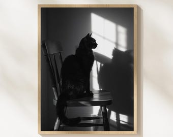 Sitting Cat Digital Download, Cat Art Printable Wall Art, Gift for Cat Lovers, Black Cat Art Print, Minimalist Black and White Art Print