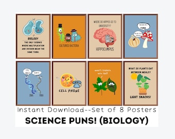 Biology Puns (set of 8) Printable Posters, Funny Science Posters, Science Classroom Decor, Middle School, High School, Educational Posters