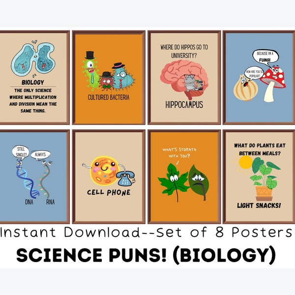 Biologie Wortspiele (8er Set) druckbare Poster, lustige Wissenschaft Poster, Wissenschaft Klassenzimmer Dekor, Mittelschule, Gymnasium, Lernposter
