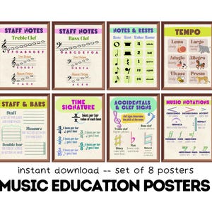 Educación musical (juego de 8): carteles imprimibles, decoración para aulas de música, juego de tablones de anuncios, recursos para aulas de música, carteles educativos