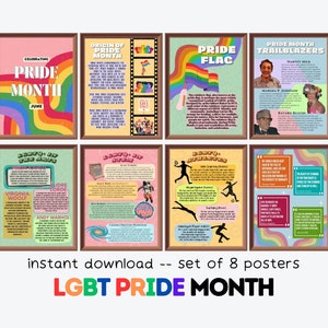 Carteles imprimibles del Mes del Orgullo (conjunto de 8), carteles del Mes de la Historia LGBT, decoración del Mes del Orgullo, decoración inclusiva del aula, exhibición del tablón de anuncios
