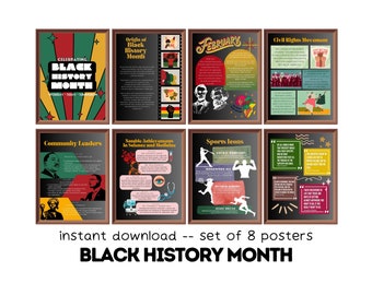 May include: Set of eight printable posters celebrating Black History Month. Each poster features a different theme, including community leaders, notable achievements in science and medicine, sports icons, and the Civil Rights Movement. The posters are designed in a retro style with bold colours and illustrations.