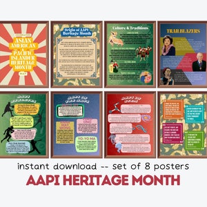 Könnte beinhalten: Satz von acht druckbaren Postern zur Feier des Asian American and Pacific Islander Heritage Month im Mai. Die Poster behandeln eine Vielzahl von Themen, darunter den Ursprung des AAPI Heritage Month, Kultur und Traditionen, Wegbereiter und die Geschichte der AAPI-Beiträge.