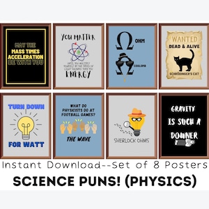 Pósters de ciencia (8 unidades) Imprimibles, Juegos de palabras sobre física, Juegos de palabras sobre ciencia, Pósters científicos divertidos, Pósters educativos, Escuela secundaria, Preparatoria