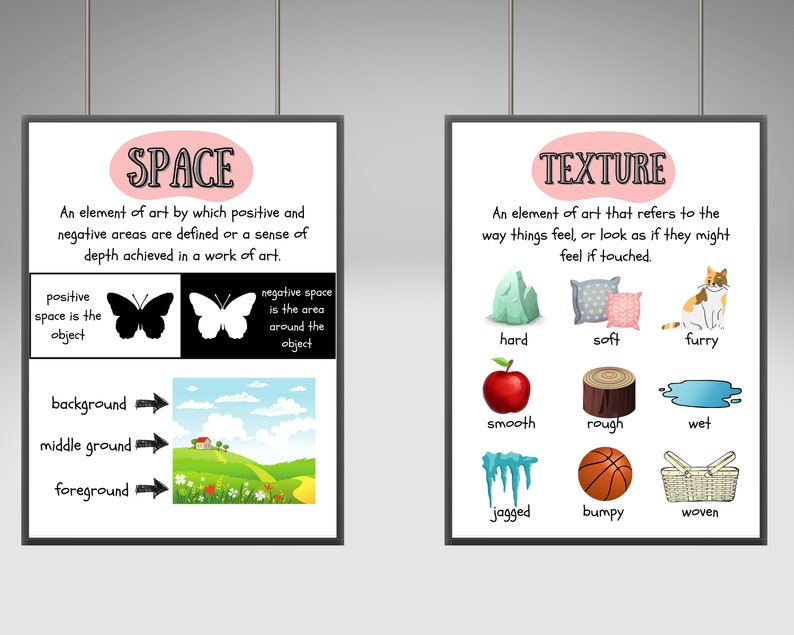 May include: Two educational posters about the elements of art, space and texture. The space poster shows a butterfly, a landscape, and explains positive and negative space. The texture poster shows various objects and describes their texture, such as hard, soft, furry, smooth, rough, wet, jagged, bumpy, and woven.