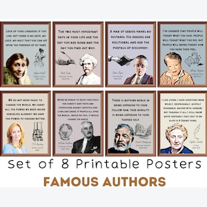 Berühmte Autoren Poster (8er-Set) zum Ausdrucken, Englisch Klassenzimmer Dekor, Bibliothek Dekor, Lernposter für die Mittelschule, Gymnasium