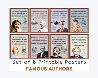 Famous Authors Posters (Set of 8) Printable, English Classroom Decor, Library Decor, Educational Posters for Middle School, High School
