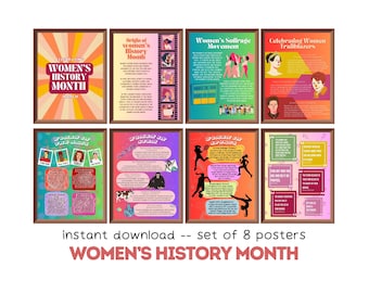 Puede incluir: Conjunto de ocho carteles imprimibles para celebrar el Mes de la Historia de la Mujer. Cada cartel presenta un tema diferente, incluyendo el origen del Mes de la Historia de la Mujer, el movimiento por el sufragio femenino y las mujeres pioneras. Los carteles son de estilo vintage con ilustraciones y texto.