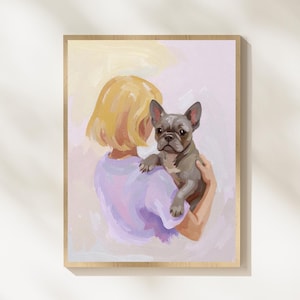 French Bulldog Framed Art Print - Girl Holding Frenchie Painting, Dog Mom Gift, Dog Lover Wall Art, Frenchie Home Decor, Dog Art Print